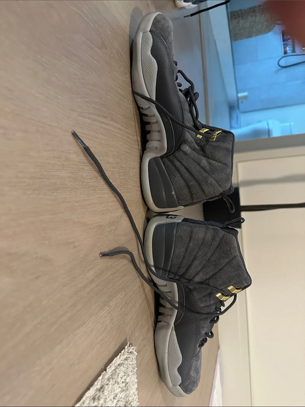 Air Jordan 12 Men's Gray and White Athletic Shoes with Gold Accents